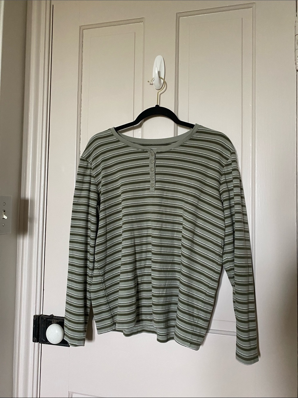 Striped Long Sleeve Henley Tee - Sage Green